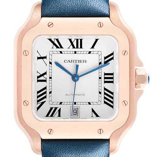 The Cartier Santos WGSA0019 Men's Rose Gold Silver Dial WGSA0019 Men's Rose Gold Silver Dial watch is shown from the front, displaying its square dial, Roman numerals, date window, and blue leather strap.