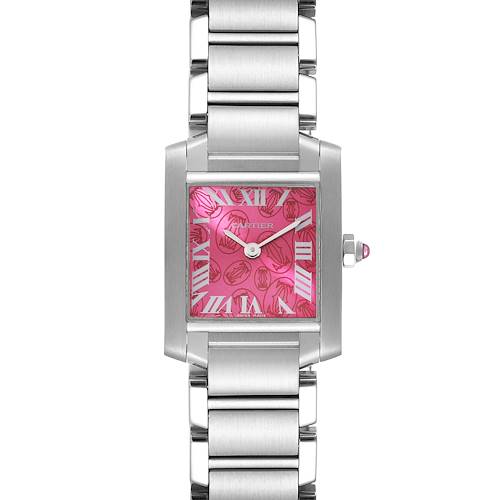 The image shows a frontal view of a Tank Française model by Cartier, displaying its pink dial, rectangular case, and metal bracelet.