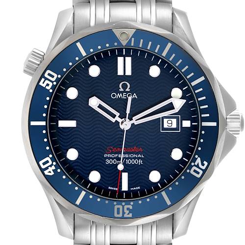 The image shows a frontal view of the Omega Seamaster 2221.80.00 Men's Stainless Steel Blue Dial 2221.80.00 Men's Stainless Steel Blue Dial watch, highlighting its dial, bezel, and bracelet.