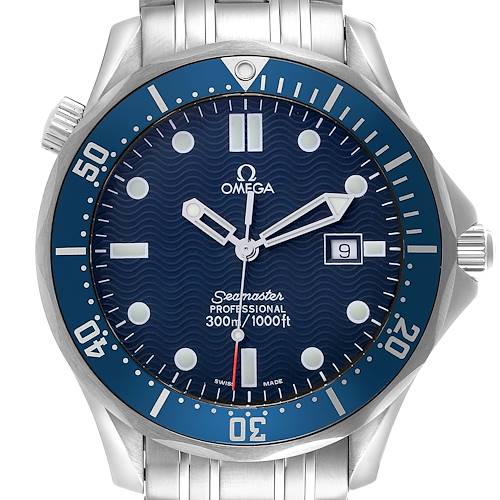 The Omega Seamaster 2541.80.00 Men's Stainless Steel Blue Dial 2541.80.00 Men's Stainless Steel Blue Dial watch is shown from a front-facing angle, highlighting the dial, bezel, and part of the bracelet.