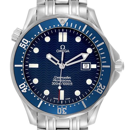 The Omega Seamaster 2541.80.00 Men's Stainless Steel Blue Dial 2541.80.00 Men's Stainless Steel Blue Dial watch is shown from the front, highlighting the bezel, dial, hands, and date window.