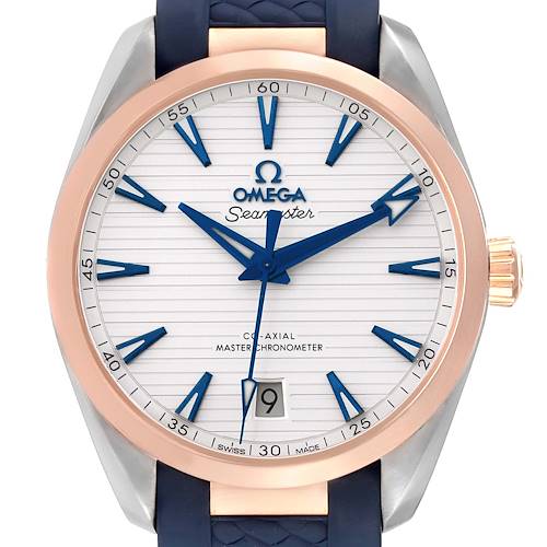 This image shows a front view of the Omega Seamaster Aqua Terra watch, highlighting its face, hands, date window, and part of the strap.