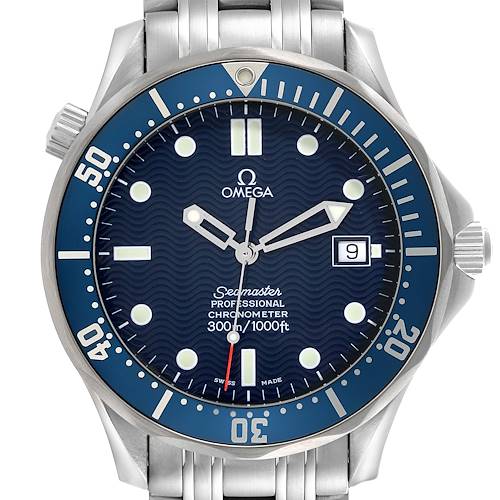 The image shows a front view of the Omega Seamaster 2531.80.00 Men's Stainless Steel Blue Dial 2531.80.00 Men's Stainless Steel Blue Dial watch, highlighting the bezel, dial, and bracelet.