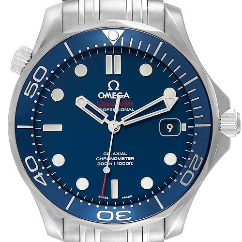 This Omega Seamaster 212.30.41.20.03.001 Men's Stainless Steel Blue Dial 212.30.41.20.03.001 Men's Stainless Steel Blue Dial watch is shown from the front, highlighting the blue dial, bezel, and part of its stainless steel bracelet.
