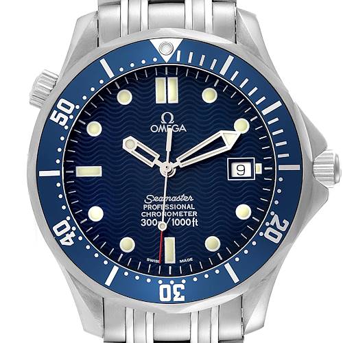 This image shows a front view of the Omega Seamaster 2531.80.00 Men's Stainless Steel Blue Dial 2531.80.00 Men's Stainless Steel Blue Dial watch, highlighting the watch face, hands, date window, and part of the bracelet.