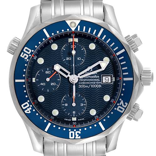 The Omega Seamaster 2298.80.00 Men's Stainless Steel Blue Dial 2298.80.00 Men's Stainless Steel Blue Dial watch is shown from a top-down angle, featuring the face, bezel, and chronograph dials.