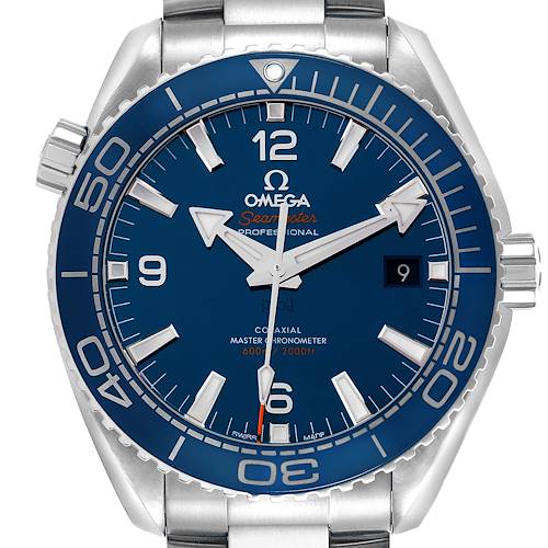 The Omega Planet Ocean 215.30.44.21.03.001 Men's Stainless Steel Blue Dial 215.30.44.21.03.001 Men's Stainless Steel Blue Dial watch is shown from a top view, highlighting its blue dial, bezel, markers, and bracelet.