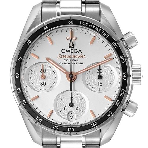 The image shows a frontal view of the Omega Speedmaster 324.30.38.50.02.001 Men's Stainless Steel Silver Dial 324.30.38.50.02.001 Men's Stainless Steel Silver Dial Co-Axial Chronometer watch, displaying its dial, subdials, and bezel.