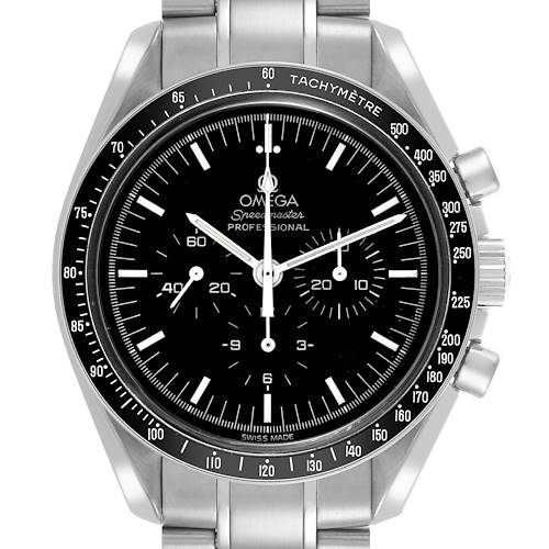 The Omega Speedmaster 3574.51.00 Men's Stainless Steel Black Dial 3574.51.00 Men's Stainless Steel Black Dial watch is shown from a front angle, displaying the dial, bezel, and metal bracelet.