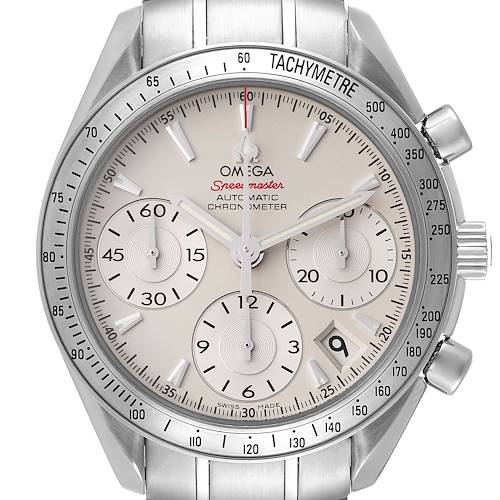 This image shows a front view of the Omega Speedmaster 323.10.40.40.02.001 Men's Stainless Steel Silver Dial 323.10.40.40.02.001 Men's Stainless Steel Silver Dial watch, highlighting its dial, sub-dials, tachymeter, and crown.