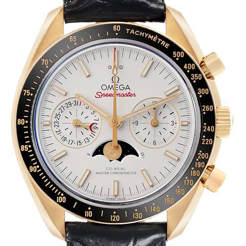 The Omega Speedmaster 304.63.44.52.02.001 Men's Yellow Gold Silver Dial 304.63.44.52.02.001 Men's Yellow Gold Silver Dial watch is shown from a front angle, displaying the face, subdials, and tachymetric bezel.