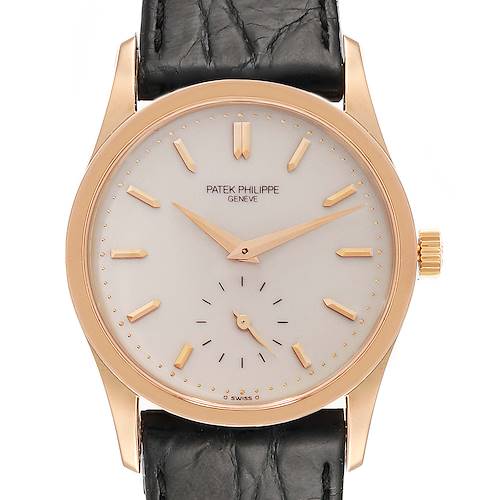 The image shows a front view of the Patek Philippe Calatrava 3796R Men's Rose Gold Silver Dial 3796R Men's Rose Gold Silver Dial watch, highlighting its face, hands, and straps.