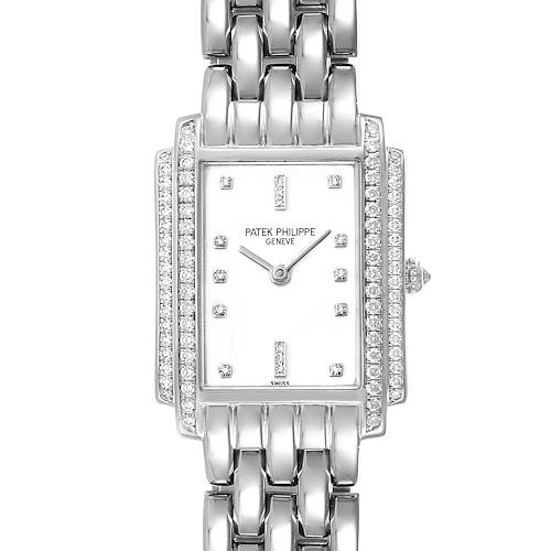 This is a front view of the Patek Philippe Gondolo 4825G/101 Women's White Gold White Dial 4825G/101 Women's White Gold White Dial watch, showcasing the rectangular face, bracelet, and diamond accents.
