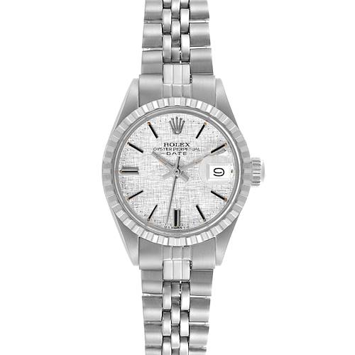The Rolex Date 6924 Women's Stainless Steel Silver Dial 6924 Women's Stainless Steel Silver Dial model watch is shown from a front angle, displaying its dial, bezel, bracelet, and crown.