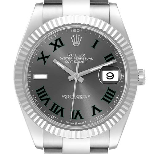 The Rolex Datejust 41 126334 Men's Stainless Steel Grey Dial 126334 Men's Stainless Steel Grey Dial is shown from the front, highlighting its fluted bezel, dial with Roman numerals, and date window.