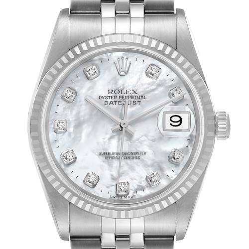This image shows a frontal view of the face and part of the bracelet of a Rolex Datejust 16234 Men's Stainless Steel Mother of Pearl Dial 16234 Men's Stainless Steel Mother of Pearl Dial watch.
