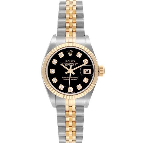 The Rolex Datejust 79173 Women's Steel and Gold (two tone) Black Dial 79173 Women's Steel and Gold (two tone) Black Dial watch is shown from the front, highlighting its black dial, diamond hour markers, two-tone bracelet, and fluted bezel.