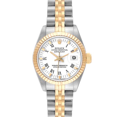 This is a front view of the Rolex Datejust 69173 Women's Steel and Gold (two tone) White Dial 69173 Women's Steel and Gold (two tone) White Dial watch displaying the face, bezel, and bracelet.