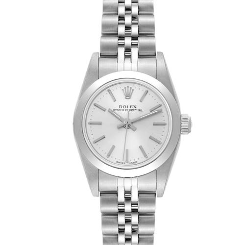 This image shows a front view of a Rolex Oyster Perpetual 76080 Women's Stainless Steel Silver Dial 76080 Women's Stainless Steel Silver Dial watch, highlighting the dial, bezel, case, and bracelet.