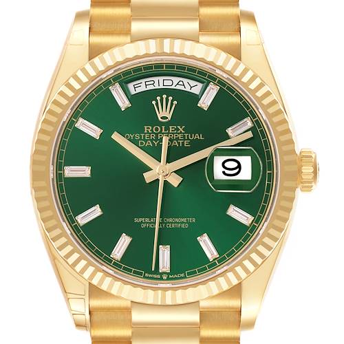 The Rolex President 128238 Men's Yellow Gold Green Dial 128238 Men's Yellow Gold Green Dial watch is shown from a front angle, displaying its green dial, fluted bezel, and gold bracelet.