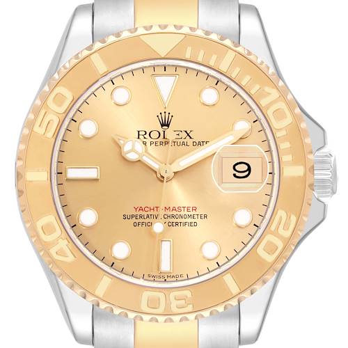 This image shows a front view of a Rolex Yacht-Master 16623 Men's Steel and Gold (two tone) Champagne Dial 16623 Men's Steel and Gold (two tone) Champagne Dial watch, highlighting its gold dial, bezel, and date display.