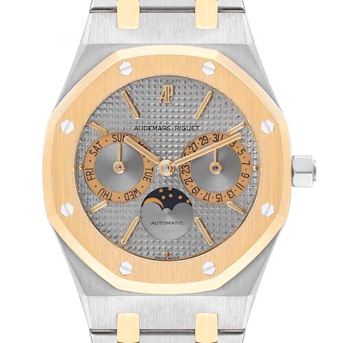 The image shows a frontal view of an Audemars Piguet Royal Oak 25594SA Men's Steel and Gold (two tone) Silver Dial 25594SA Men's Steel and Gold (two tone) Silver Dial watch, highlighting its dial, bezel, and part of the bracelet.