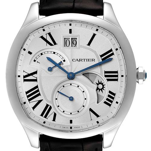 The image shows a Drive de Cartier watch by Cartier from a front view, highlighting its dial, Roman numerals, and blue hands.