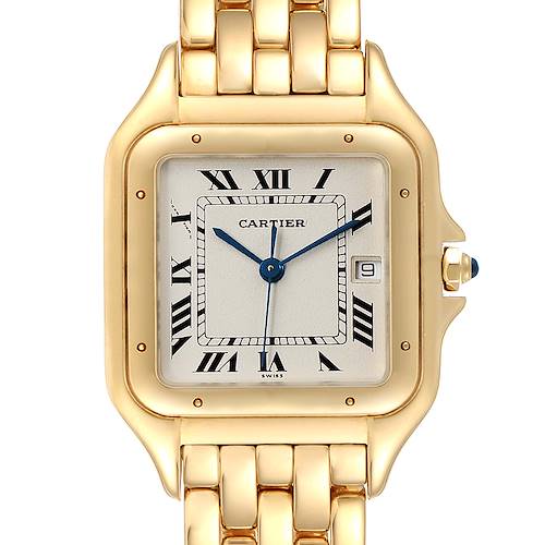 The image shows a front view of the Cartier Panthère watch, highlighting the face, Roman numeral markers, and gold bracelet.