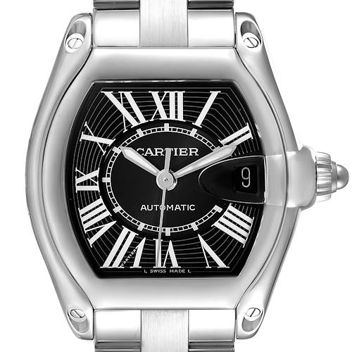 The image shows a front view of the Cartier Roadster W62041V3 Men's Stainless Steel Black Dial W62041V3 Men's Stainless Steel Black Dial watch, displaying its face, bezel, date window, and part of the bracelet.