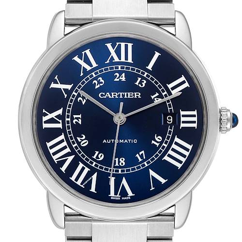 The image shows a frontal view of the Cartier Ronde WSRN0023 Men's Stainless Steel Blue Dial WSRN0023 Men's Stainless Steel Blue Dial watch, showcasing its dial, hands, crown, and part of the metal bracelet.