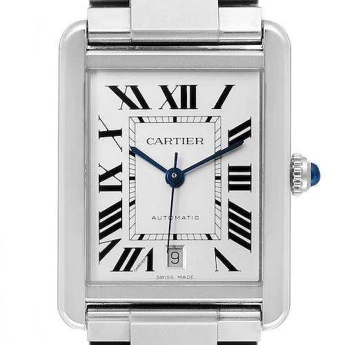 This image shows a close-up front view of the face of a Cartier Tank Solo W5200028 Men's Stainless Steel Silver Dial W5200028 Men's Stainless Steel Silver Dial watch.