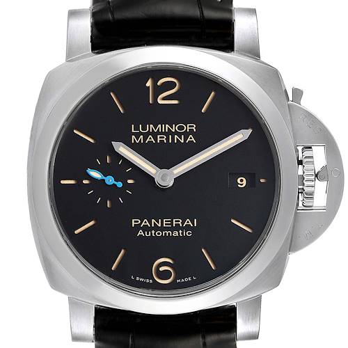The Panerai Luminor PAM01392 Men's Stainless Steel Black Dial PAM01392 Men's Stainless Steel Black Dial watch is shown from the front, displaying its dial, crown, and black leather strap.