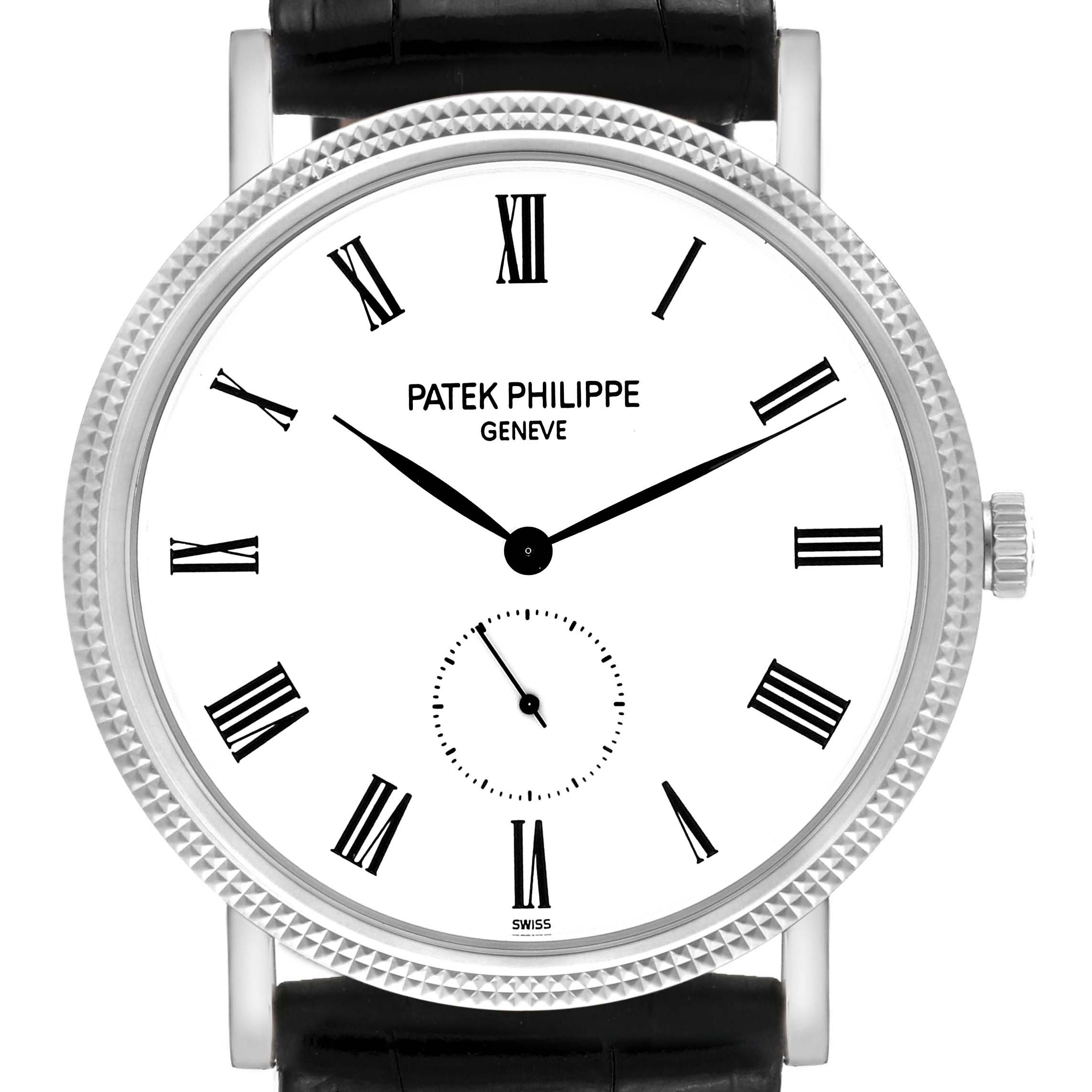 This image shows a front view of the Patek Philippe Calatrava 5119G-001 Men's White Gold White Dial 5119G-001 Men's White Gold White Dial watch, featuring its dial with Roman numerals and a black leather strap.