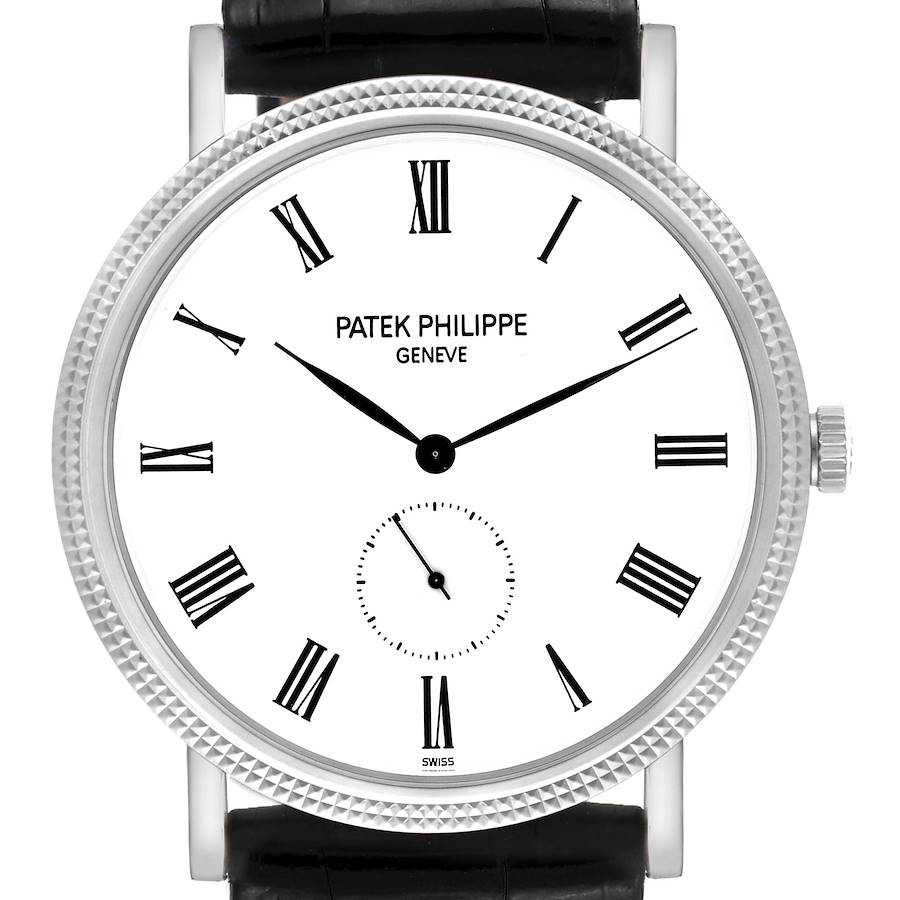 This image shows a front view of the Patek Philippe Calatrava 5119G-001 Men's White Gold White Dial 5119G-001 Men's White Gold White Dial watch, featuring its dial with Roman numerals and a black leather strap.