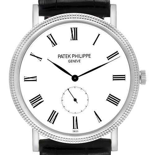 This image shows a frontal view of the Patek Philippe Calatrava 5119G-001 Men's White Gold White Dial 5119G-001 Men's White Gold White Dial watch, displaying its white dial, Roman numerals, and black leather strap.