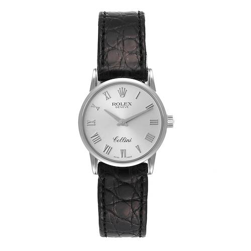 The image shows a front view of the Rolex Cellini 6111/1 Women's White Gold Silver Dial 6111/1 Women's White Gold Silver Dial watch, displaying the face, hands, crown, and leather strap.