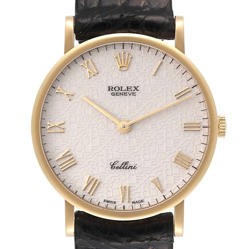 The image shows a frontal view of the Rolex Cellini 5112 Men's Yellow Gold Beige Dial 5112 Men's Yellow Gold Beige Dial watch, highlighting the face, crown, and part of the leather strap.
