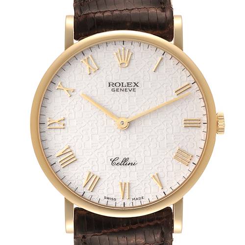 The image shows a front view of the Rolex Cellini 5112 Men's Yellow Gold Beige Dial 5112 Men's Yellow Gold Beige Dial watch including its dial, hands, crown, and part of its leather strap.