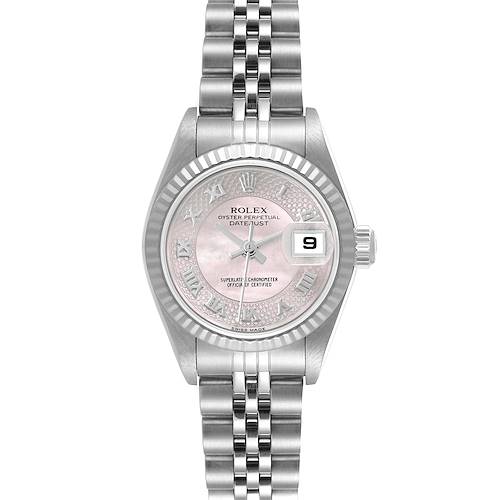 The image shows a Rolex Datejust 79174 Women's Stainless Steel Mother of Pearl Dial 79174 Women's Stainless Steel Mother of Pearl Dial watch from a front angle, highlighting its dial, date window, and bracelet.