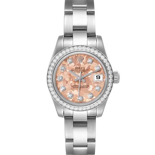 The Rolex Datejust 179384 Women's Stainless Steel Pink Dial 179384 Women's Stainless Steel Pink Dial watch is shown from a front angle, highlighting the face, bezel, crown, and bracelet.