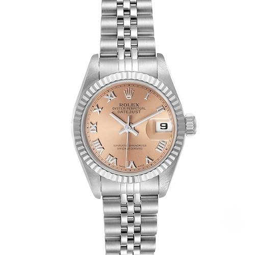 This Rolex Datejust 69174 Women's Stainless Steel Pink Dial 69174 Women's Stainless Steel Pink Dial watch is shown from a straightforward angle, including the case, bezel, dial, and bracelet.