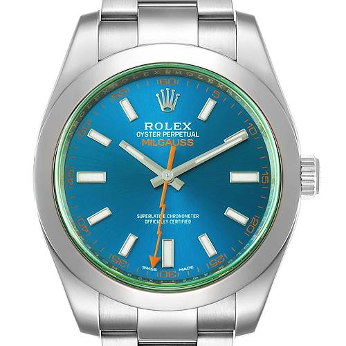 The image shows a frontal view of a Rolex Milgauss 116400GV Men's Stainless Steel Blue Dial 116400GV Men's Stainless Steel Blue Dial watch, highlighting its blue dial, orange lightning bolt second hand, and stainless steel case.