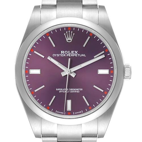 The image shows a frontal view of a Rolex Oyster Perpetual 114300 Men's Stainless Steel Burgundy Dial 114300 Men's Stainless Steel Burgundy Dial watch, highlighting the dial, hands, crown, and part of the bracelet.