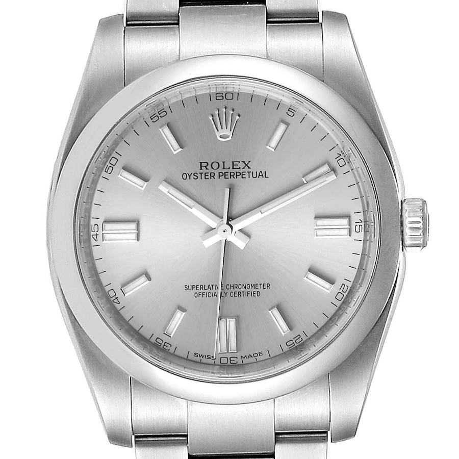 This image shows a front view of the dial and stainless steel bracelet of a Rolex Oyster Perpetual 116000 Men's Stainless Steel Grey Dial 116000 Men's Stainless Steel Grey Dial watch.