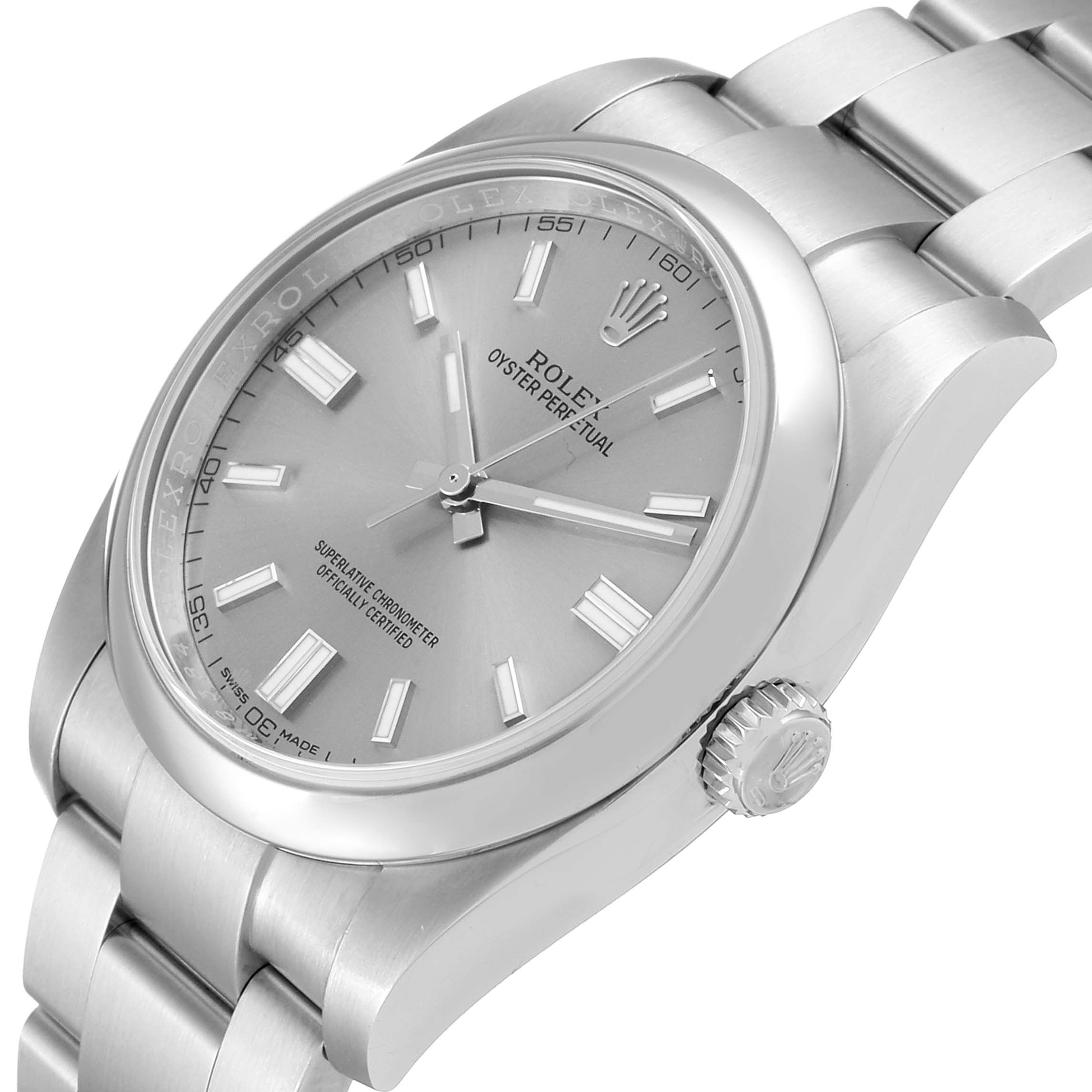 The image shows a Rolex Oyster Perpetual 116000 Men's Stainless Steel Grey Dial 116000 Men's Stainless Steel Grey Dial watch at a slight angle, highlighting the dial, bezel, crown, and part of the bracelet.