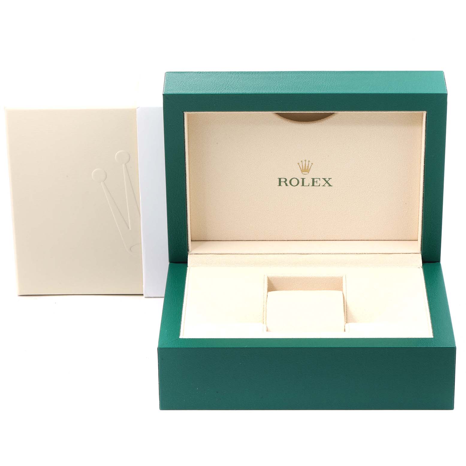 The image shows an open Rolex Oyster Perpetual 116000 Men's Stainless Steel Grey Dial 116000 Men's Stainless Steel Grey Dial watch box with the brand's logo inside the lid.