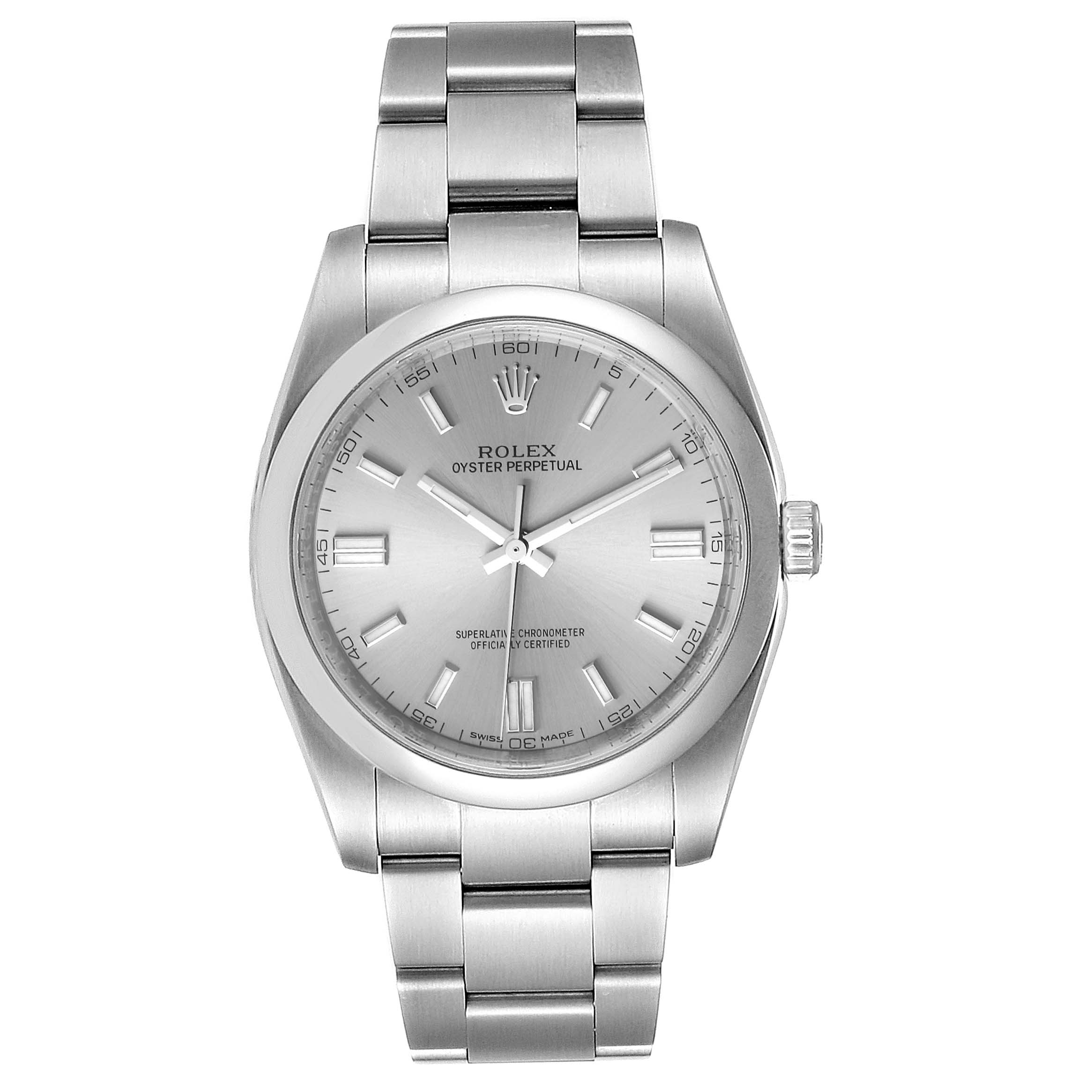 This image shows a Rolex Oyster Perpetual 116000 Men's Stainless Steel Grey Dial 116000 Men's Stainless Steel Grey Dial watch from a front angle, displaying the dial, bezel, case, and bracelet in full view.