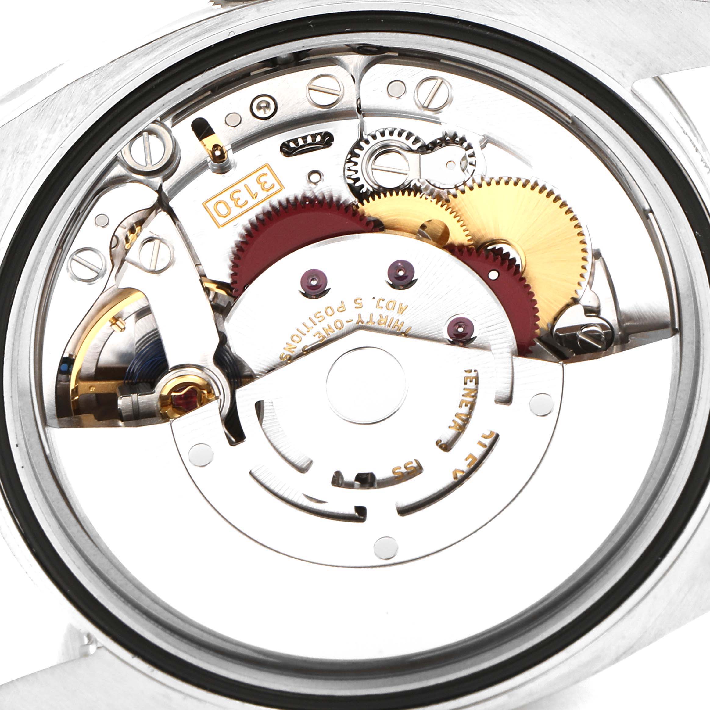 The image shows the inner mechanical workings of a Rolex Oyster Perpetual 116000 Men's Stainless Steel Grey Dial 116000 Men's Stainless Steel Grey Dial watch, including gears and other movement components.