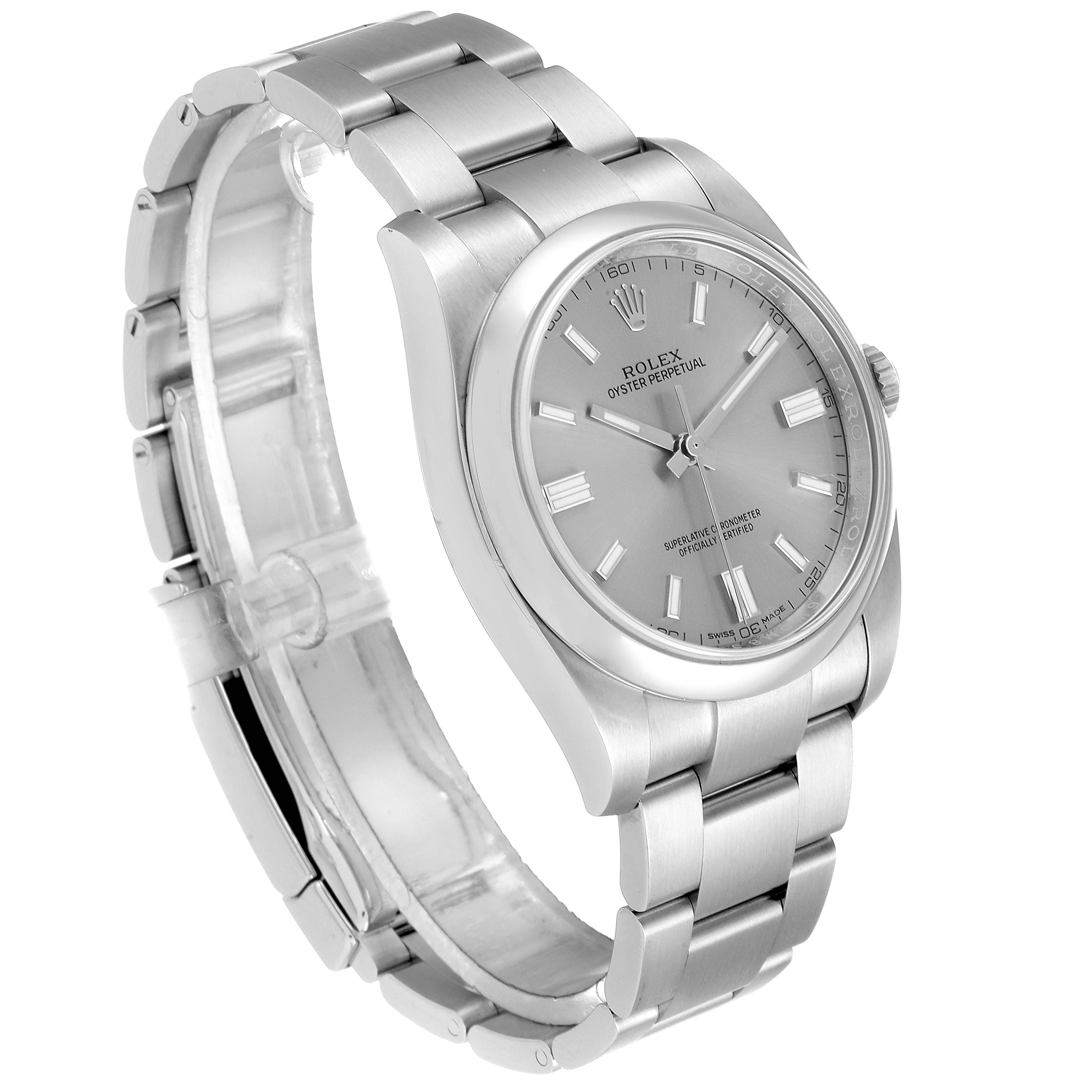 The Oyster Perpetual Rolex watch is shown at a three-quarter angle, highlighting the bracelet, dial, and bezel.