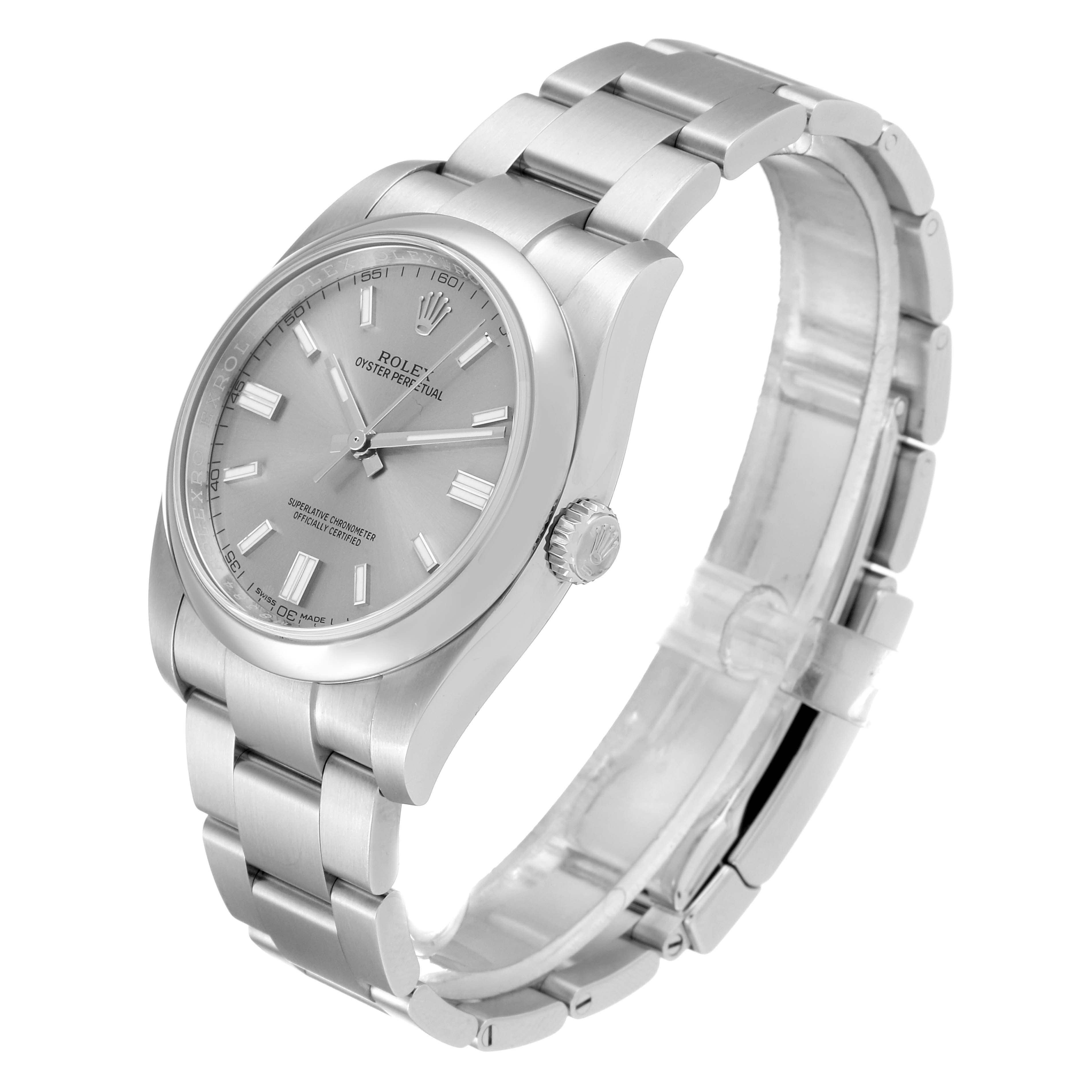 This Rolex Oyster Perpetual 116000 Men's Stainless Steel Grey Dial 116000 Men's Stainless Steel Grey Dial watch is shown at a side angle, displaying its dial, crown, and bracelet.